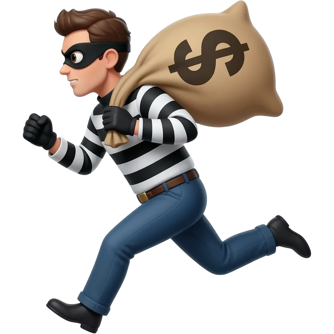 A person in a stereotypical robber's costume running to the left while holding a sack with the dollar sign on it. emoji