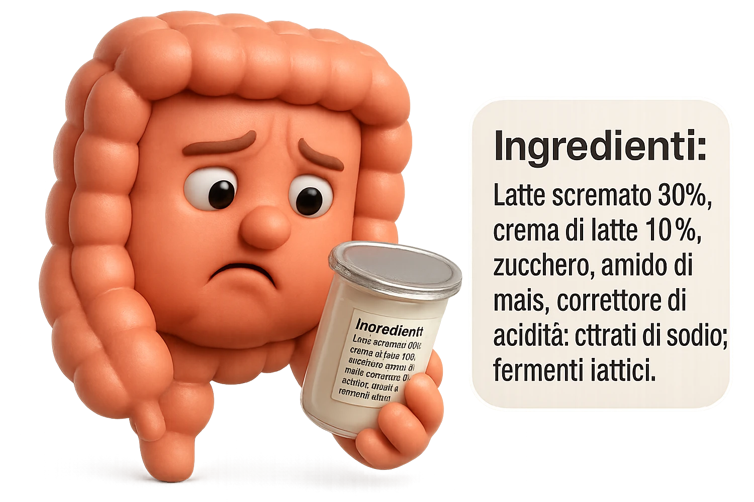 SU QUESTO STILE FAI UN EMOJI STILE IPHONE 3D DI UN INTESTINO CHE HA IN MANO UN BARATTOLO DI YOGURT CONFEZIONATO DA SUPERMERCATO E LEGGE L'ETICHETTA NUTRIZIONALE CON GLI INGREDIENTI IN ITALIANO, ACCANTO ALLO YOGURT CHE HA IN MANO C'è UN FOCUS SULL'ETICHETTA CON GLI INGREDIENTI SCRITTI, FAGLI UN ESPRESSIONE CONFUSA MENTRE LEGGE E FALLO MOLTO REALISTICO IN 3D emoji