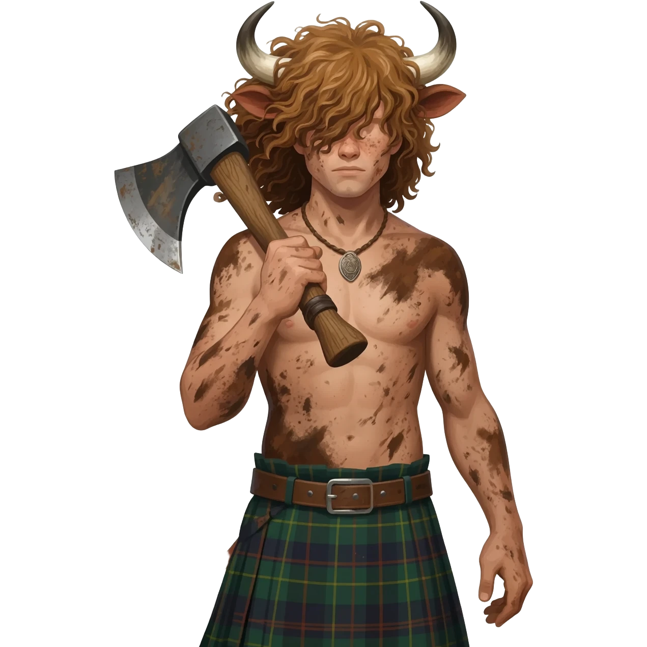 buff curly hairy man covered in dirt with freckles with messy light brown bangs that covers his face completely with bull horns and bull ears and bull tail dressed in kilt holding an axe with wind in his hair with belt around his chest emoji