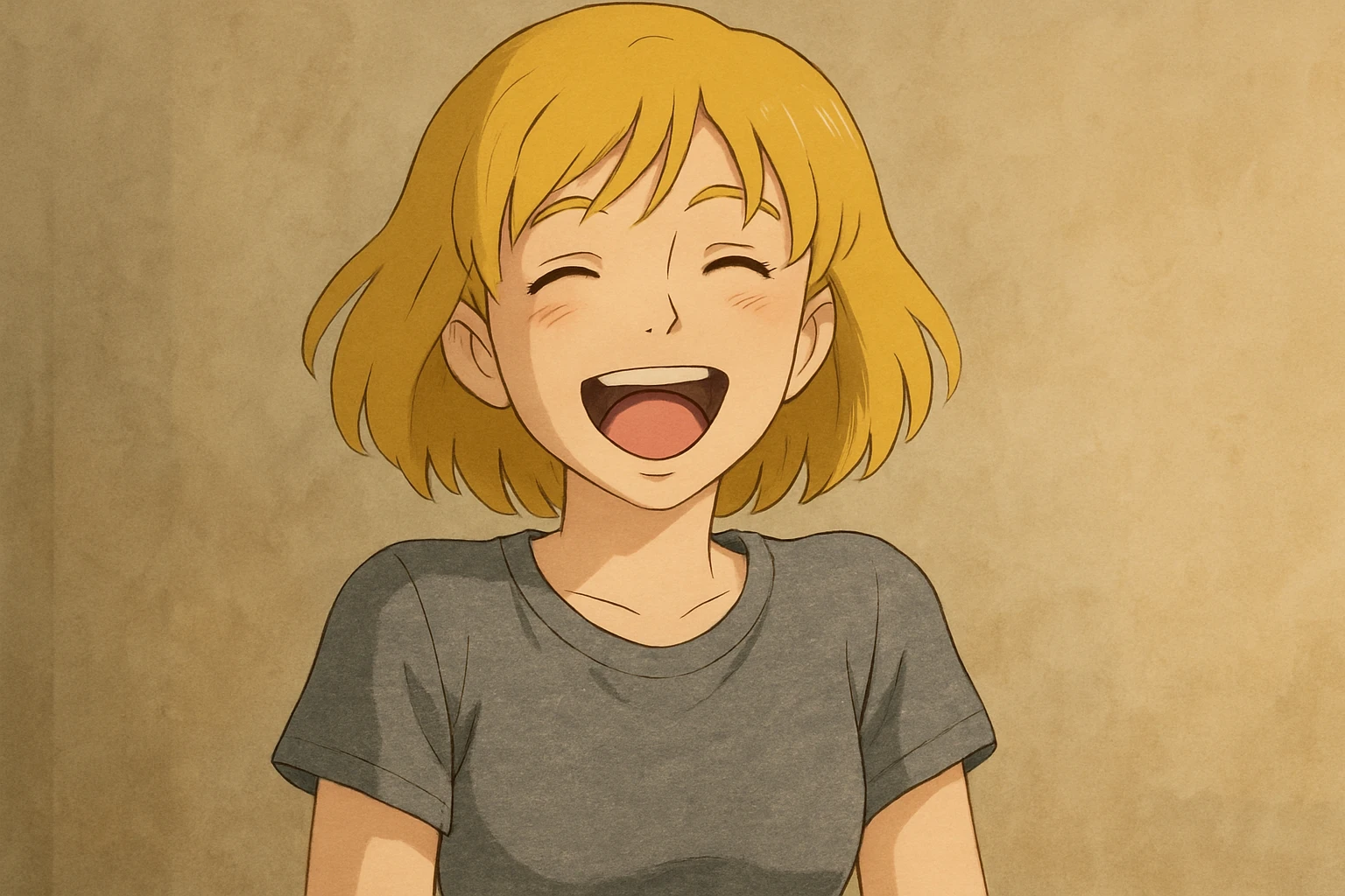 A girl yellow hair brown eyes grey Women's just t's short triblend t-shirt laughing emoji