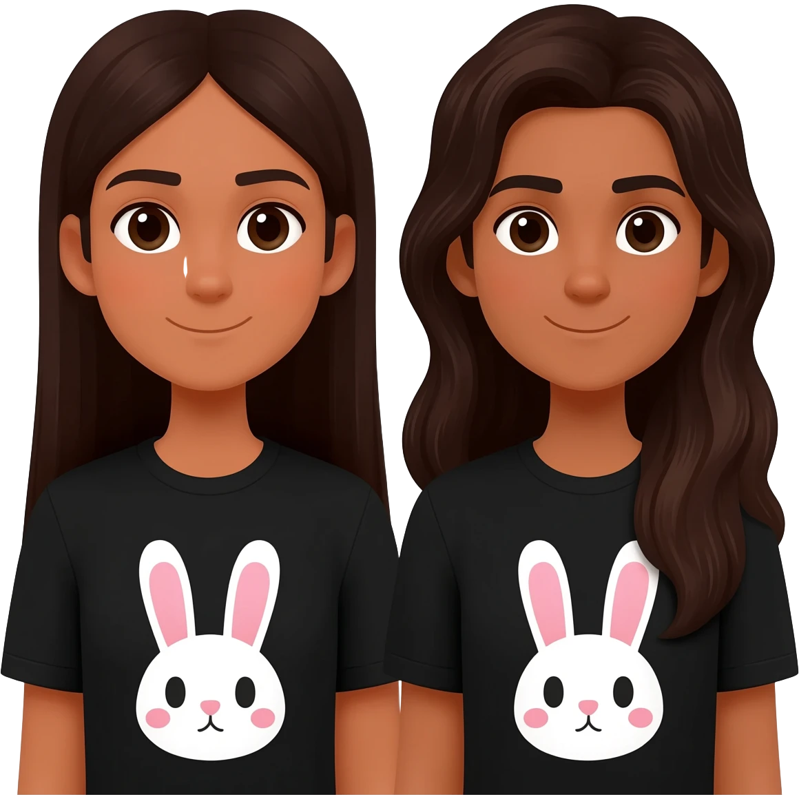 two identical friends with the emoji style. No smile lines, make the bunnies kawaii and the shirt black. Both have matching bunny shirts and have PIN STRAIGHT HAIR One has super long dark brown hair that goes to waist, one has long hair that is also dark brown. They both have Indian skin emoji