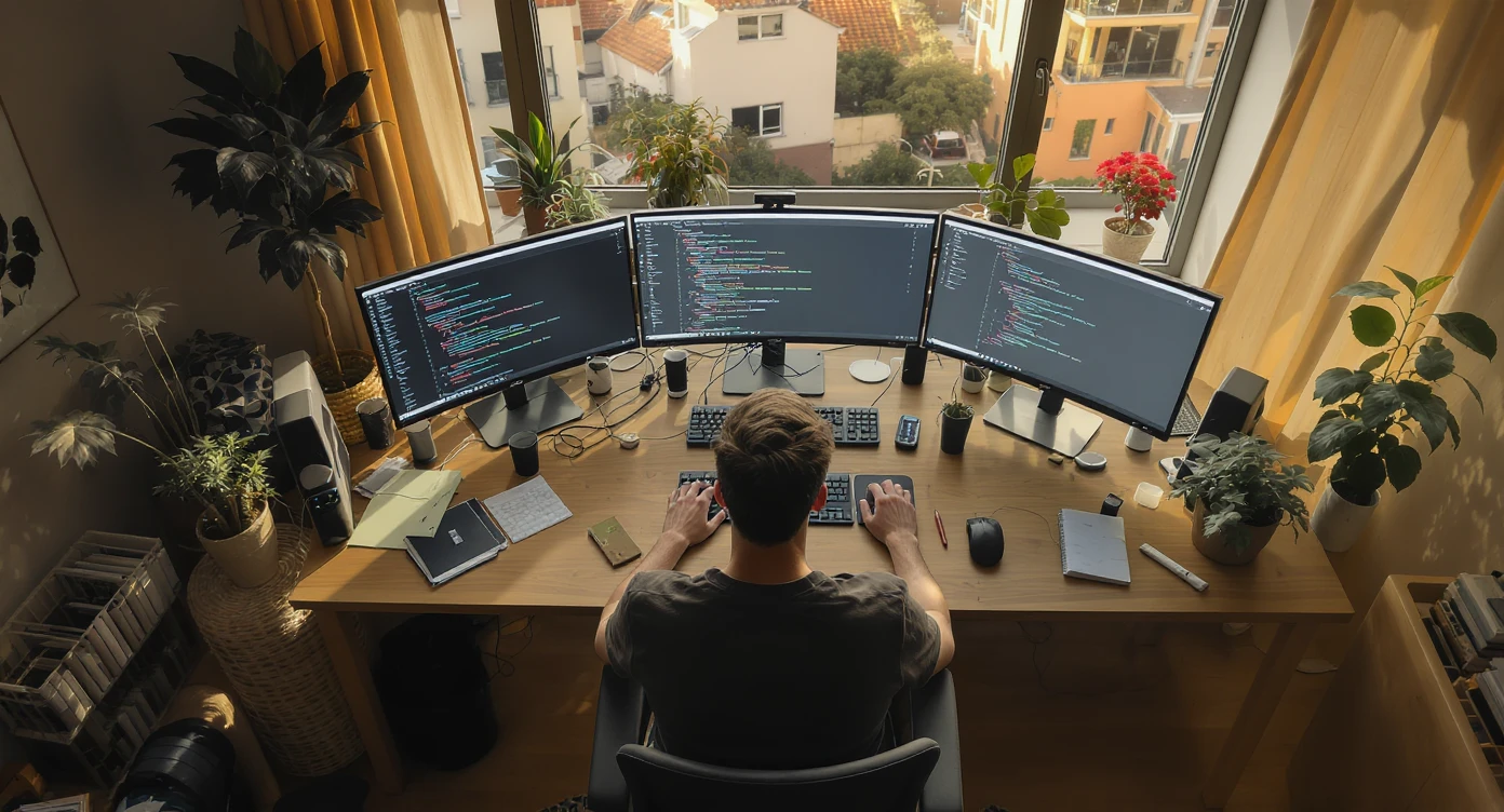 Cinematic shot of a programmer programming on tripple display setup PC, top dutch angle, Warm bright vibe, modern apartament around plants notes, model is dress like designer, morning, big window, captured on arri alexa emoji