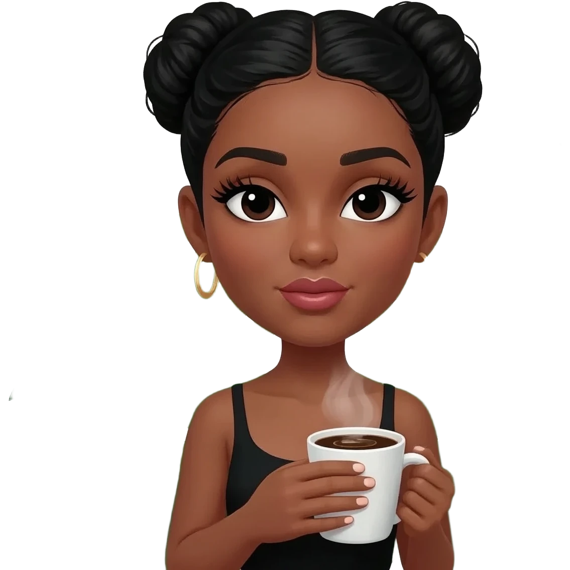 Plant mom black hair low bun middle part with long lashes & full lips with monsteras & coffee emoji