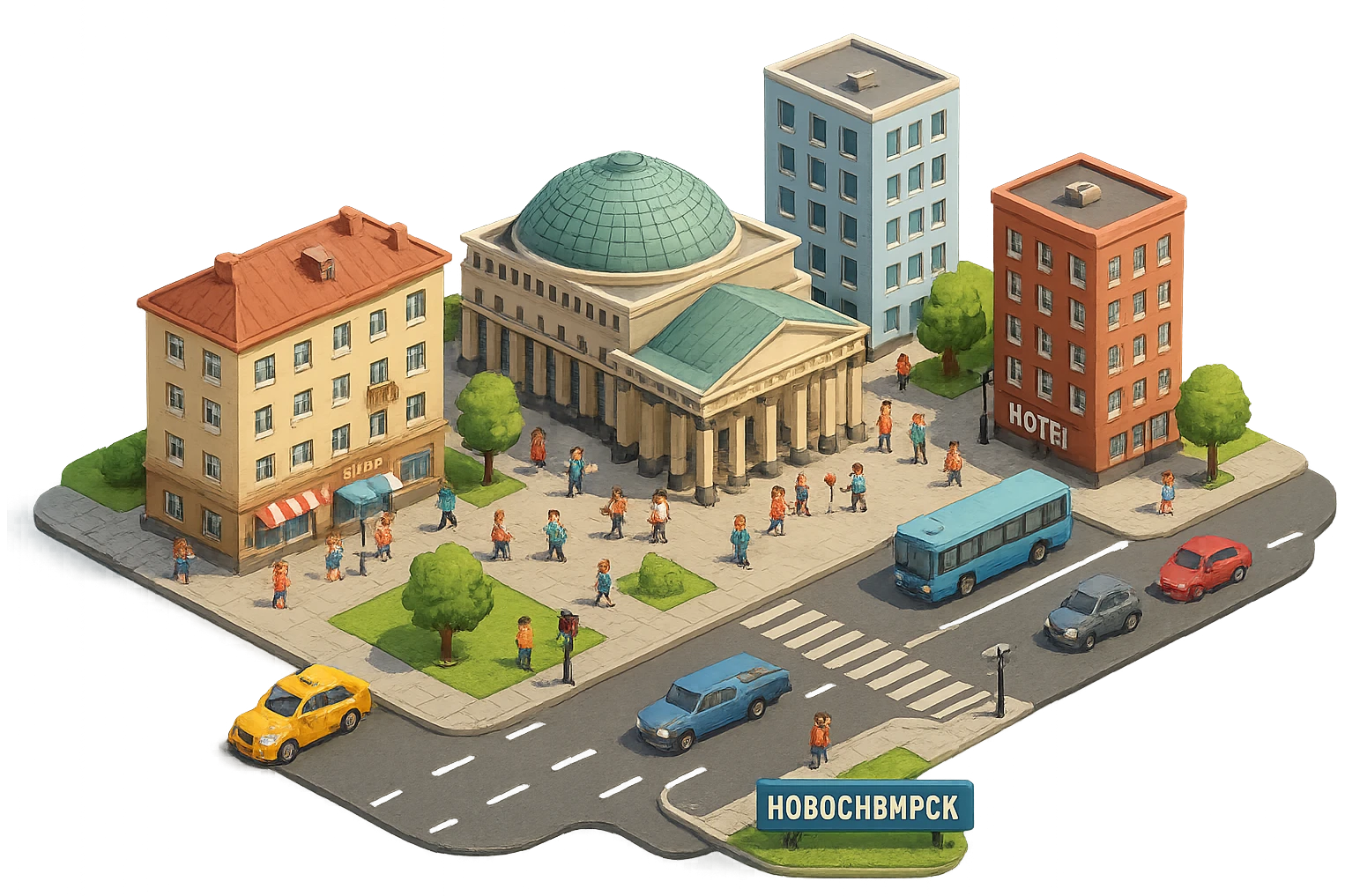 Изометричная миниатюрная фотореалистичная 3D модель Новосибирска, четкая детализация, яркие цвета, мультяшный реализм, люди, автотранспорт, компактная композиция, вид сверху в изометрии, прозрачный фон emoji