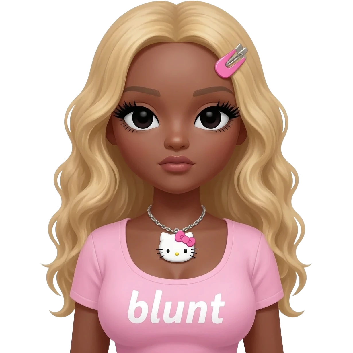 Long giant lashes, my melody hairclip, Doll faced shaped, hello kitty necklace, bimbo, black doll eyes, barbie, dark brown skin with long curly blonde hair, light pink bimbo shirt says "blunt" , big breast emoji