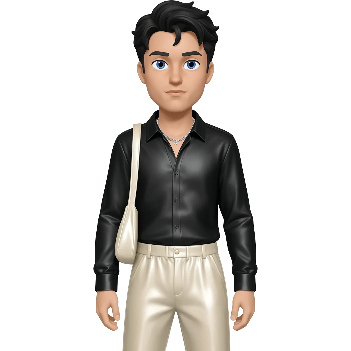 Ehren McGhehey with blue eyes, black hair, black metallic shirt, light ivory metallic baggy pants, silver necklace emoji