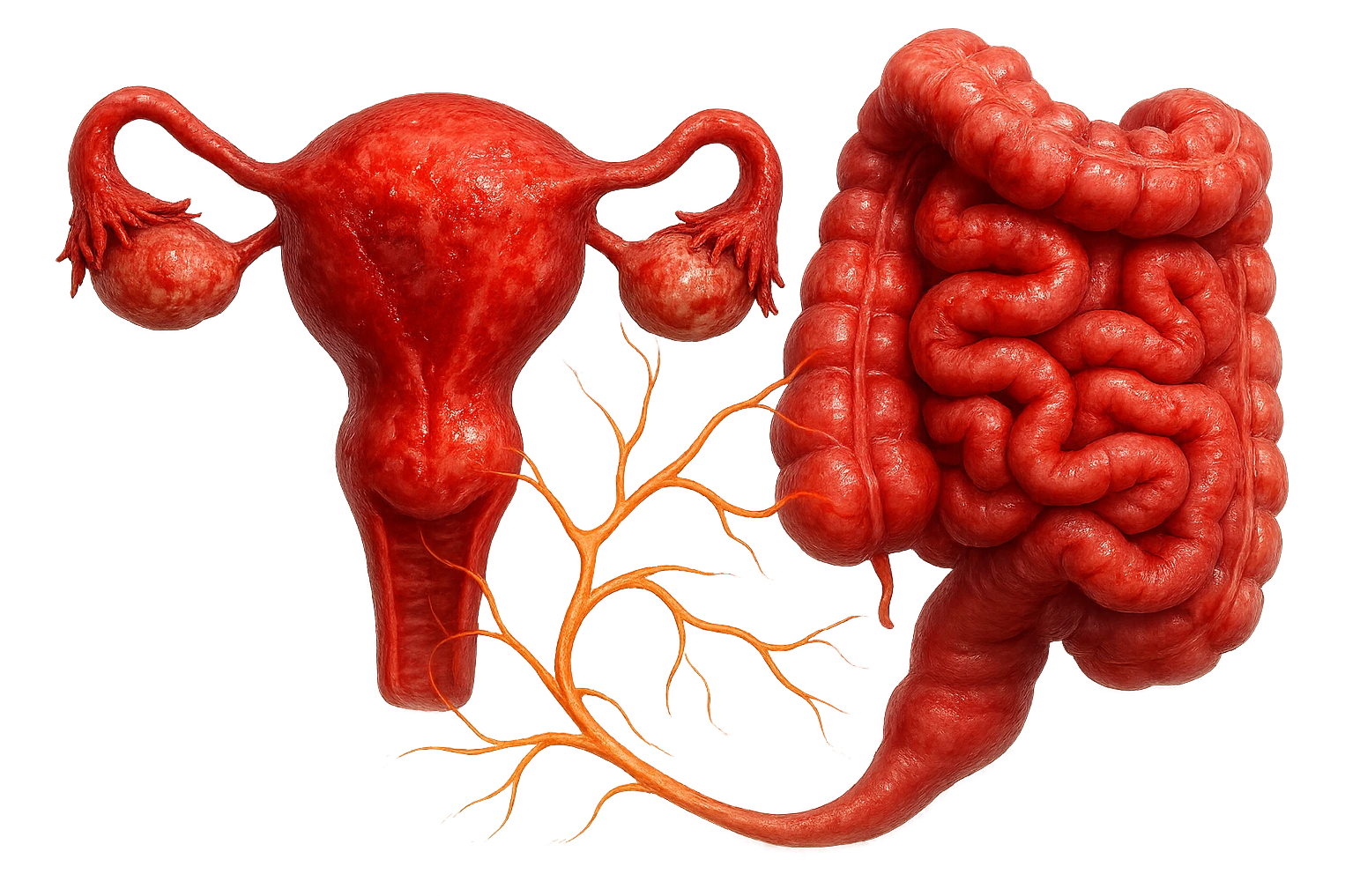 utero umano anatomico iperrealistico e intestino umano anatomico iperrealistico hanno in comune il dolore e l'infiammazione, rendi bene il collegamento tra i due organi doloranti, falla iperrealistica, non disegnata emoji