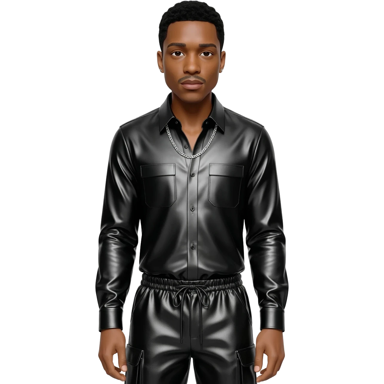 Usher with black hair, black metallic shirt, black metallic baggy pants, silver necklace emoji
