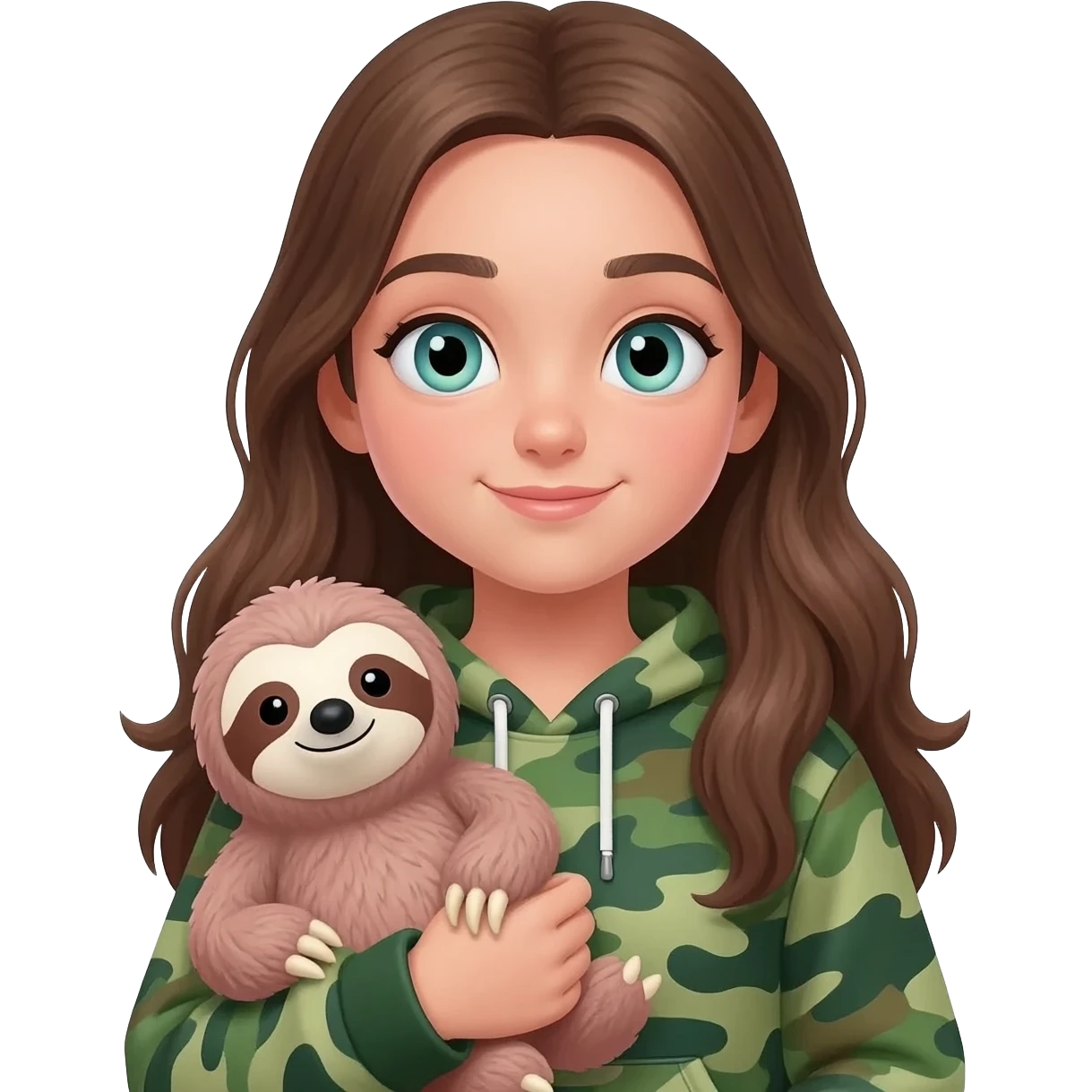 13 year old white girl brunette with blueish green eyes and a camo hoodie HOLDING a cute sloth stuffie emoji