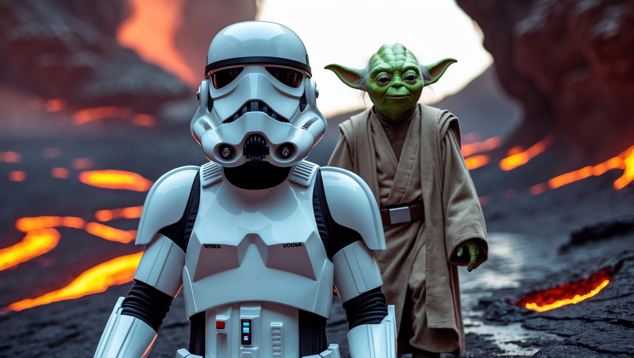 Camera POV, Starwars stormtroopers vlogging selfie, he is walking on lava planet with yoda emoji