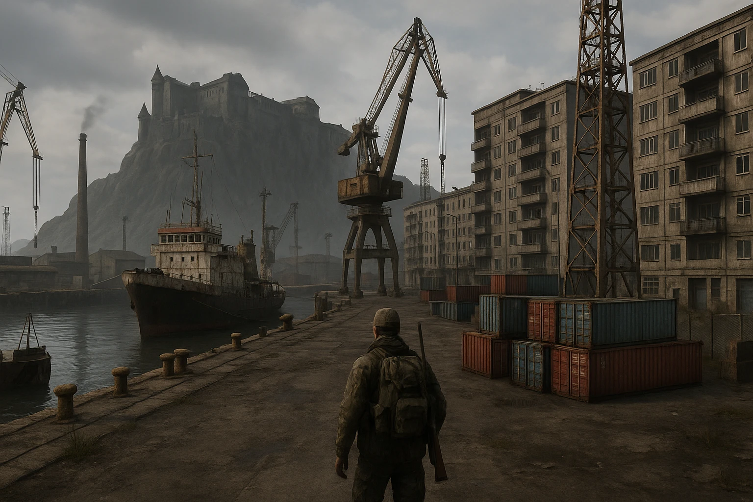 a screenshot of the game DayZ videogame, the city of "solitude" as seen in skyrim, modern evolution, industrial harbor at apartment blocks emoji