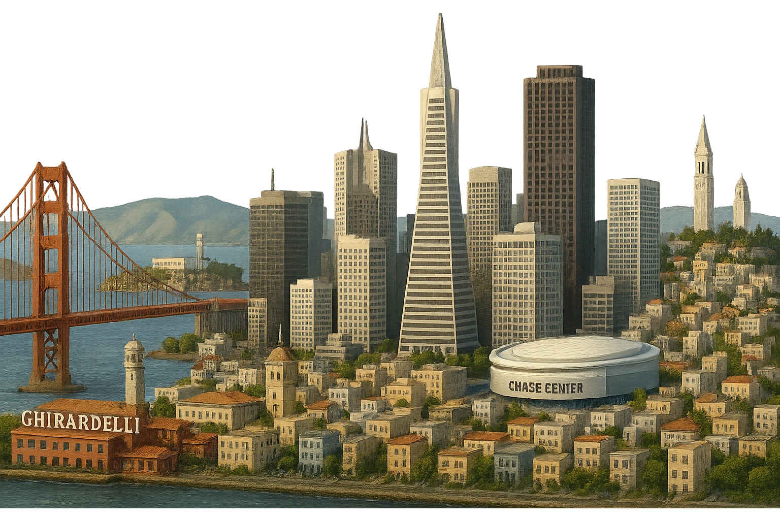 cinematic realistic emoji of San Francisco, panoramic city view with Golden Gate Bridge, Transamerica Pyramid, Chase Center, The Embarcadero, Ghirardelli Square, Alcatraz Island, Bay Bridge, Coit Tower, UC Berkeley belltower and Stanford Hoover Tower in the far background. Lifelike detail, accurate colors, bright daytime, no sky, no clouds, no labels, transparent background emoji