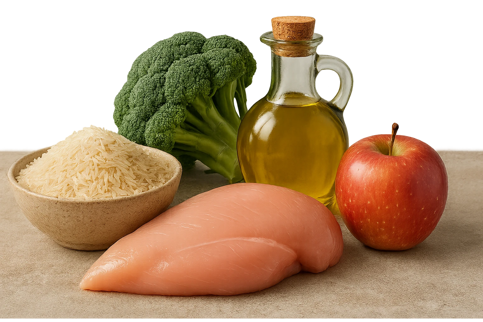 Riso basmati
Petto di pollo
Verdura fibrosa verde
Olio EVO
Mela
poggiati sul tavolo emoji