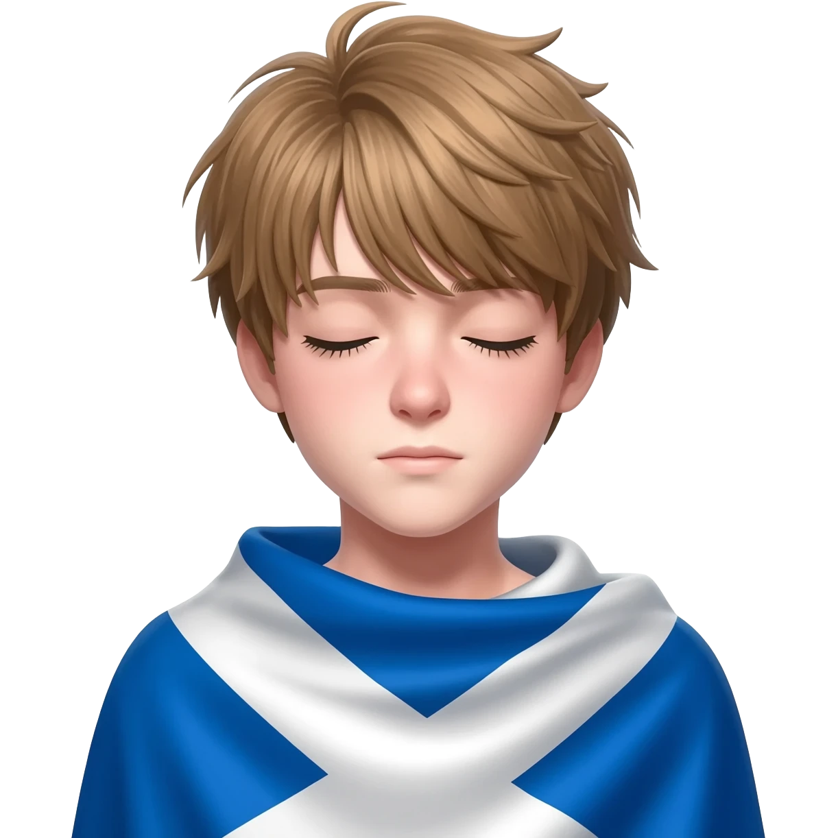 femboy with messy light brown bangs covering the eyes with scottish flag on his shoulders emoji