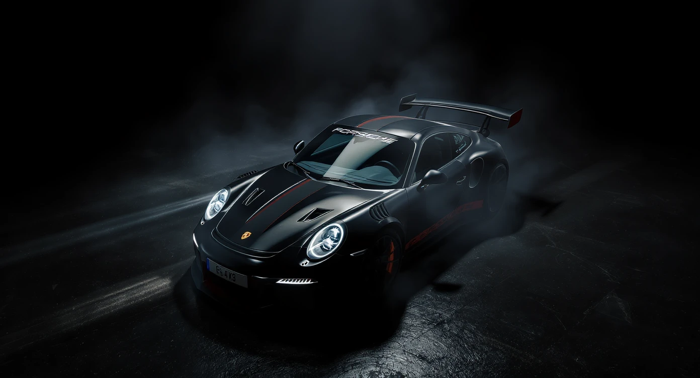 Cinematic shot of a porsche 911 gt3 rs, top dutch angle, black voide around, top spotlight, captured on arri alexa emoji