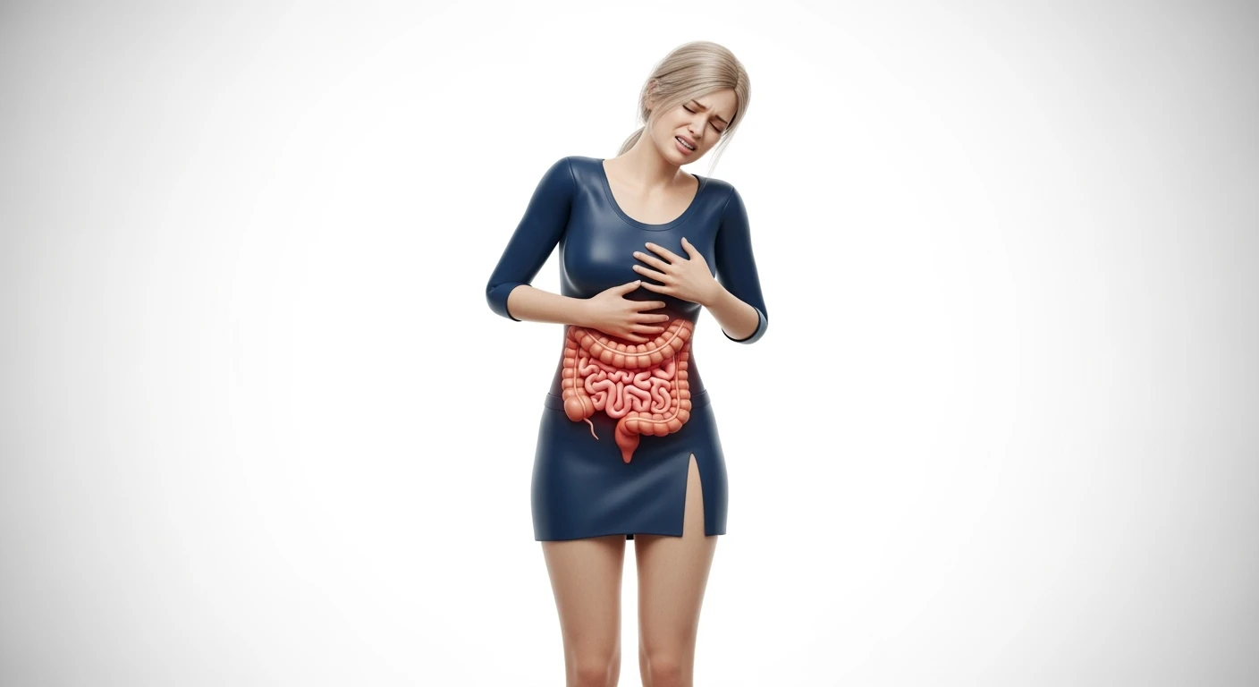 donna a figura intera con intestino umano realistico in 3d in evidenza dolorante, espressione di dolore in volto, sfondo bianco, non farla computerizzata, ma iperrealistica 4k, sfondo bianco emoji