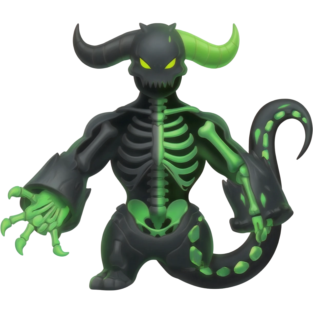 Horned Evil Cool Handsome Badass Edgy Obsidian-black and neon-glowing-green skeletal Meloetta-Salandit-Gorebyss-Zygarde-Pokémon-Fakémon-creature-fusion-hybrid emoji