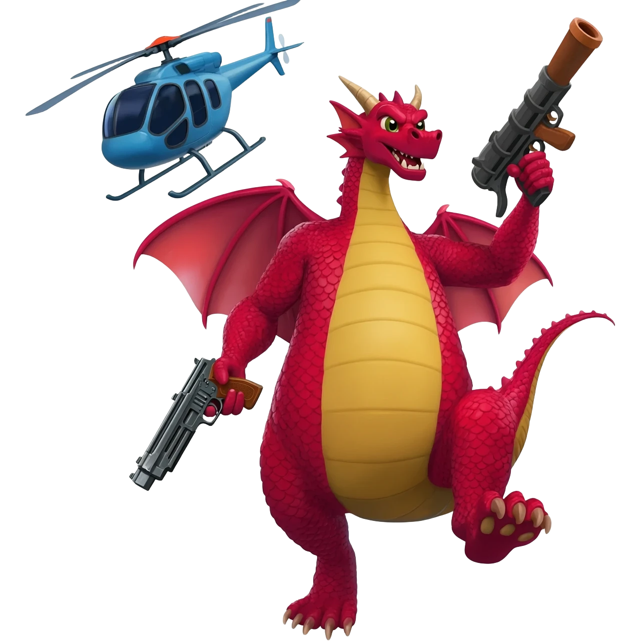 Dragon holding gun bat money bazooka riding a helicopter emoji