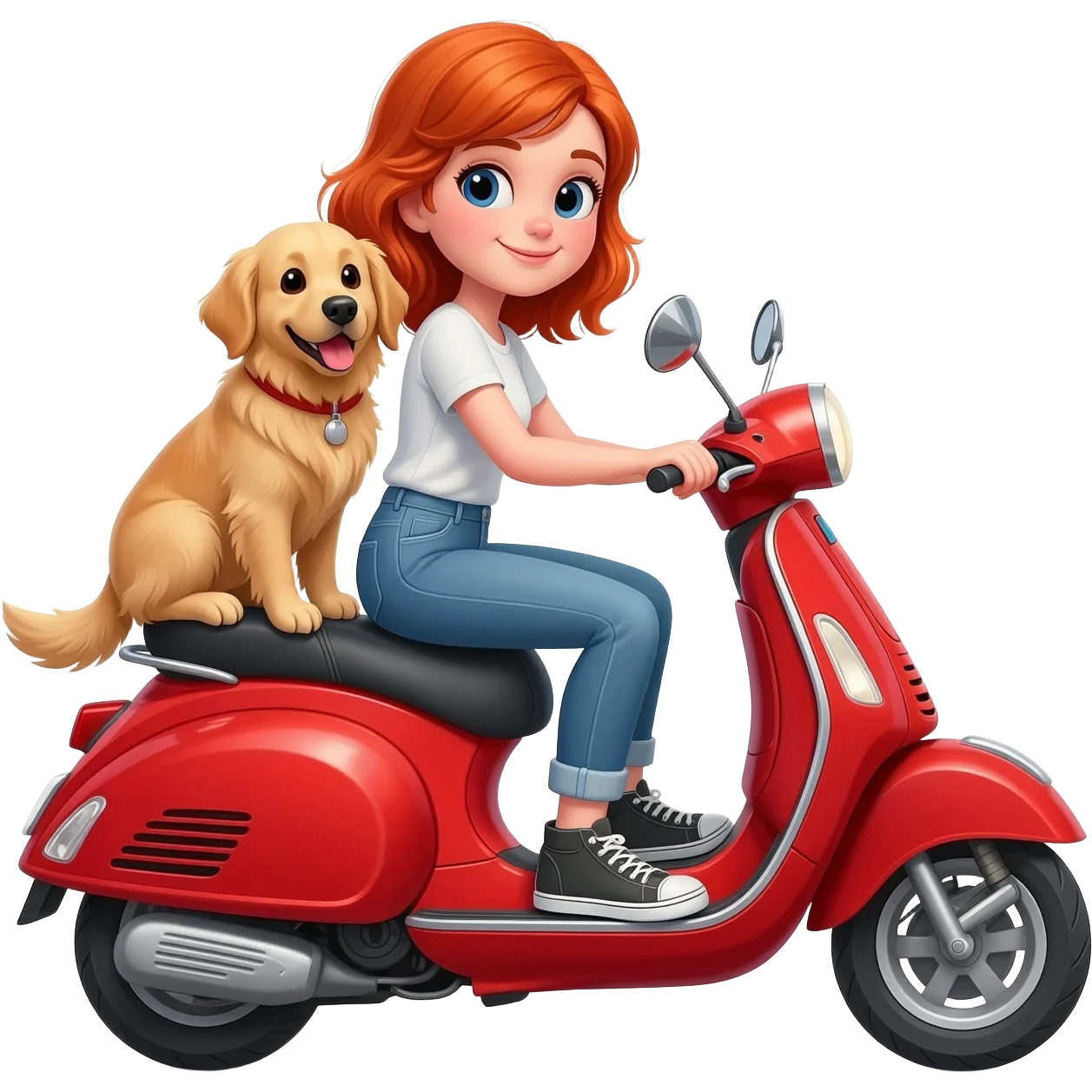 Red hair girl on red scooter with golden retriever on back emoji