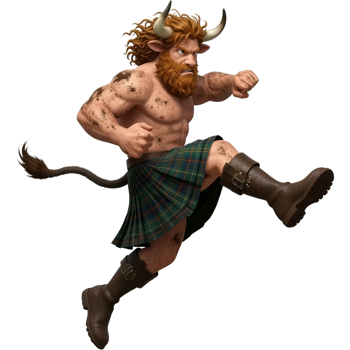 big buff curly hairy man covered in dirt with freckles with messy light brown bangs that covers his face completely with bull horns and bull ears and bull tail dressed in kilt jumped up kicking with his strong leg in boots with wind in his hair emoji
