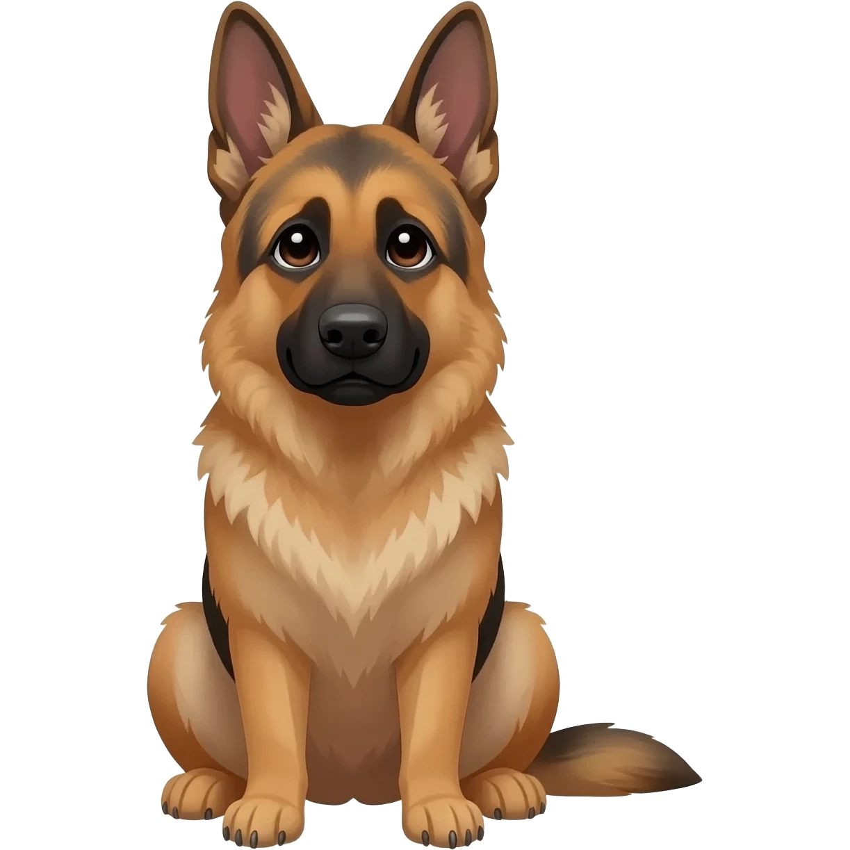 The shepherd dog sits frontally with a sad face emoji