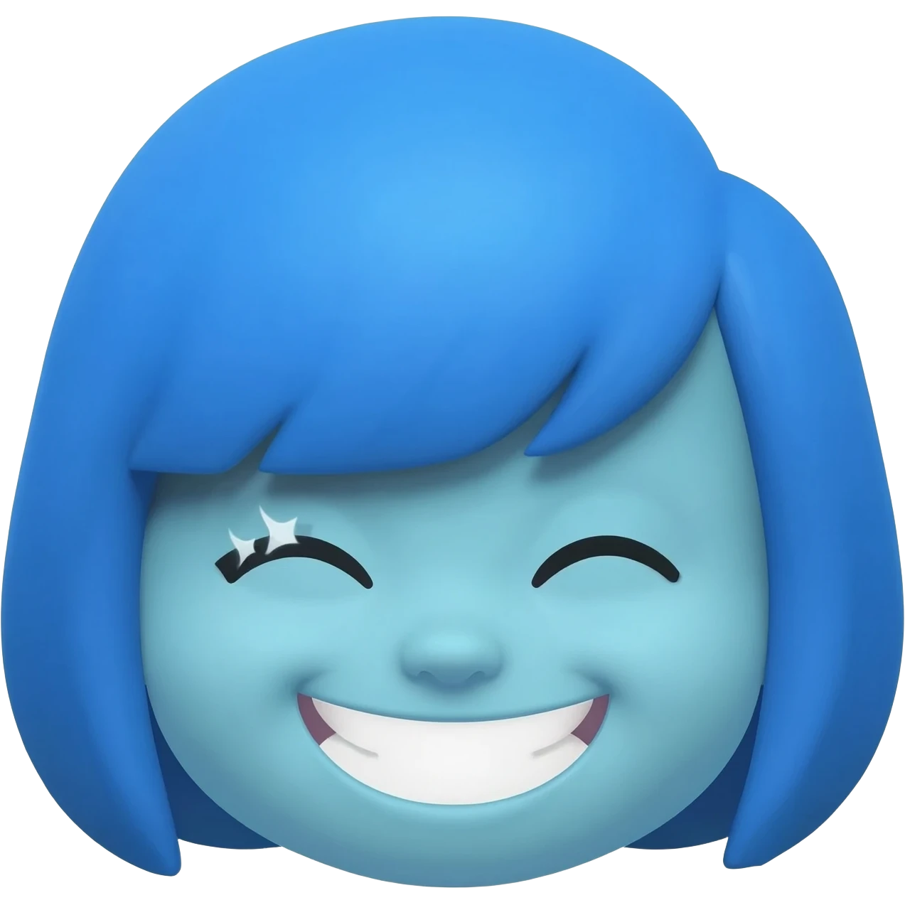 Baby blue edd head from eddsworld with baby blue hair, skin, teeth, with a shadow over the eyes with a shine over one of the eyes with him smiling. emoji