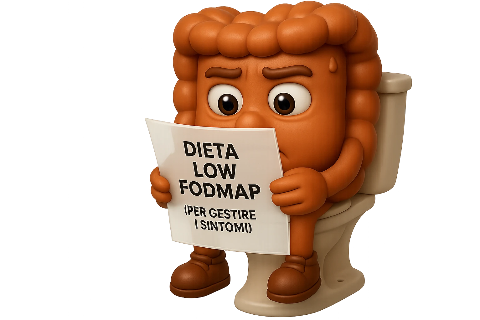 EMOJI STILE IPHONE DI UN INTESTINO UMANO ANATOMICO CHE GUARDA UN FOGLIO CON LA SCRITTA "DIETA LOW FODMAP (PER GESTIRE I SINTOMI)", FAGLI ANCHE LA PARTE BIANCA DEGLI OCCHI, NON SOLO LE PUPILLE, IPERREALISTICO 4K emoji