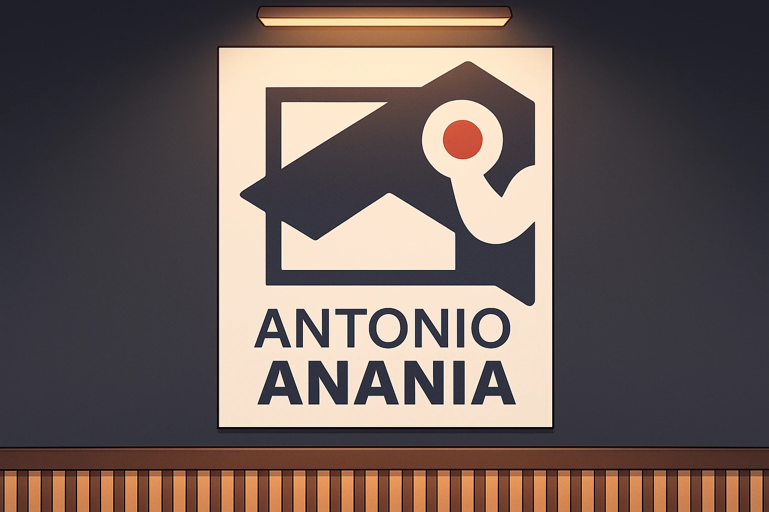 su questo stile fai un manga/webtoon a colori in cui mostri quella parete dietro dello studio con il suo logo e la scritta "ANTONIO ANANIA" SOTTO IL LOGO, LUCE CHE ILLUMINA IL LOGO emoji