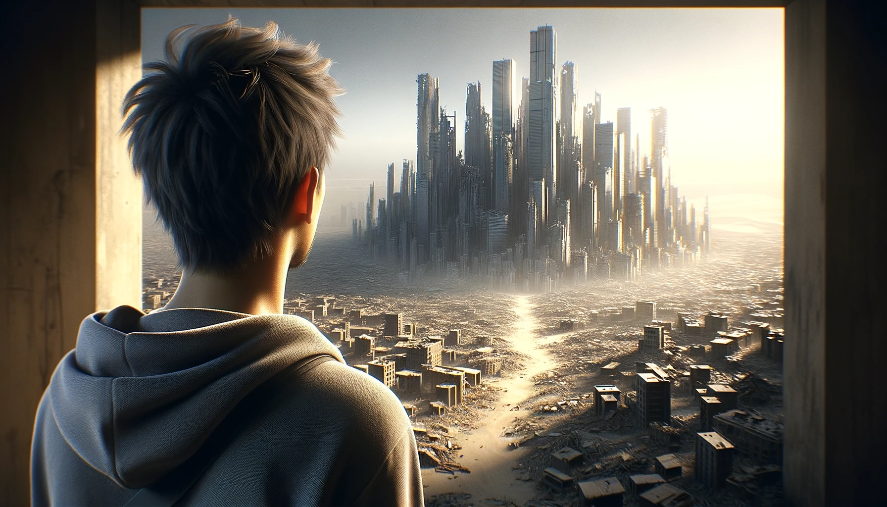 UOMO DI SPALLE DAVANTI AD UNA CITTà SMANTELLATA SENZA MURA, GUARDA LA CITTà, IPERREALISTICO 4K emoji