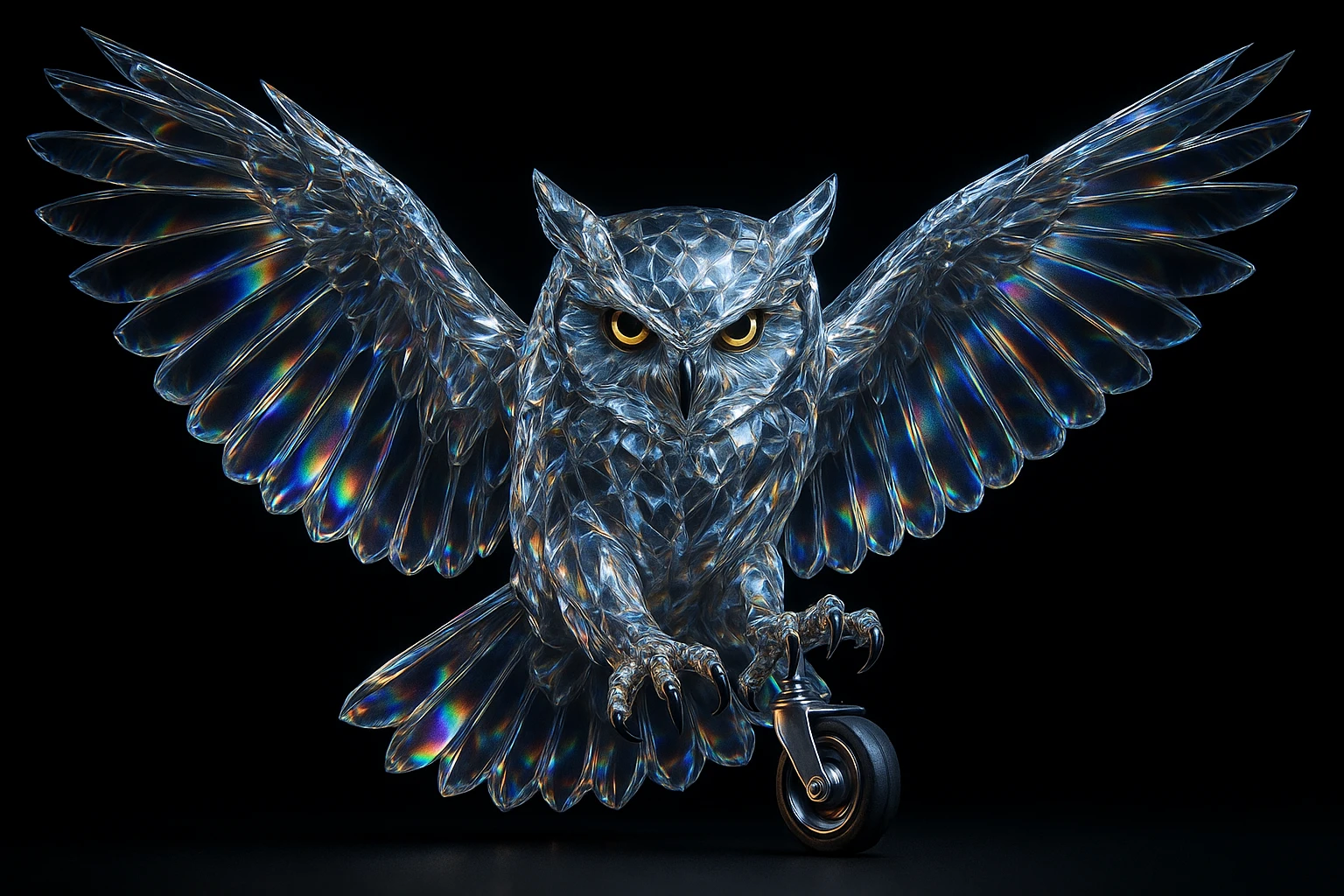 a majestic owl made of transparent diamond-like glass, light refracting through its body, shimmering reflections and refractions, ultra wide wings fully spread as if landing to catch prey, intense and serious facial expression, piercing beautiful eyes, holding a chair wheel in its claws, hard light, strong contrast between light and shadow, cinematic rim lighting highlighting edges, detailed crystalline texture, ultra realistic, high contrast, solid black background, void, nothingness, 8k, sharp focus emoji