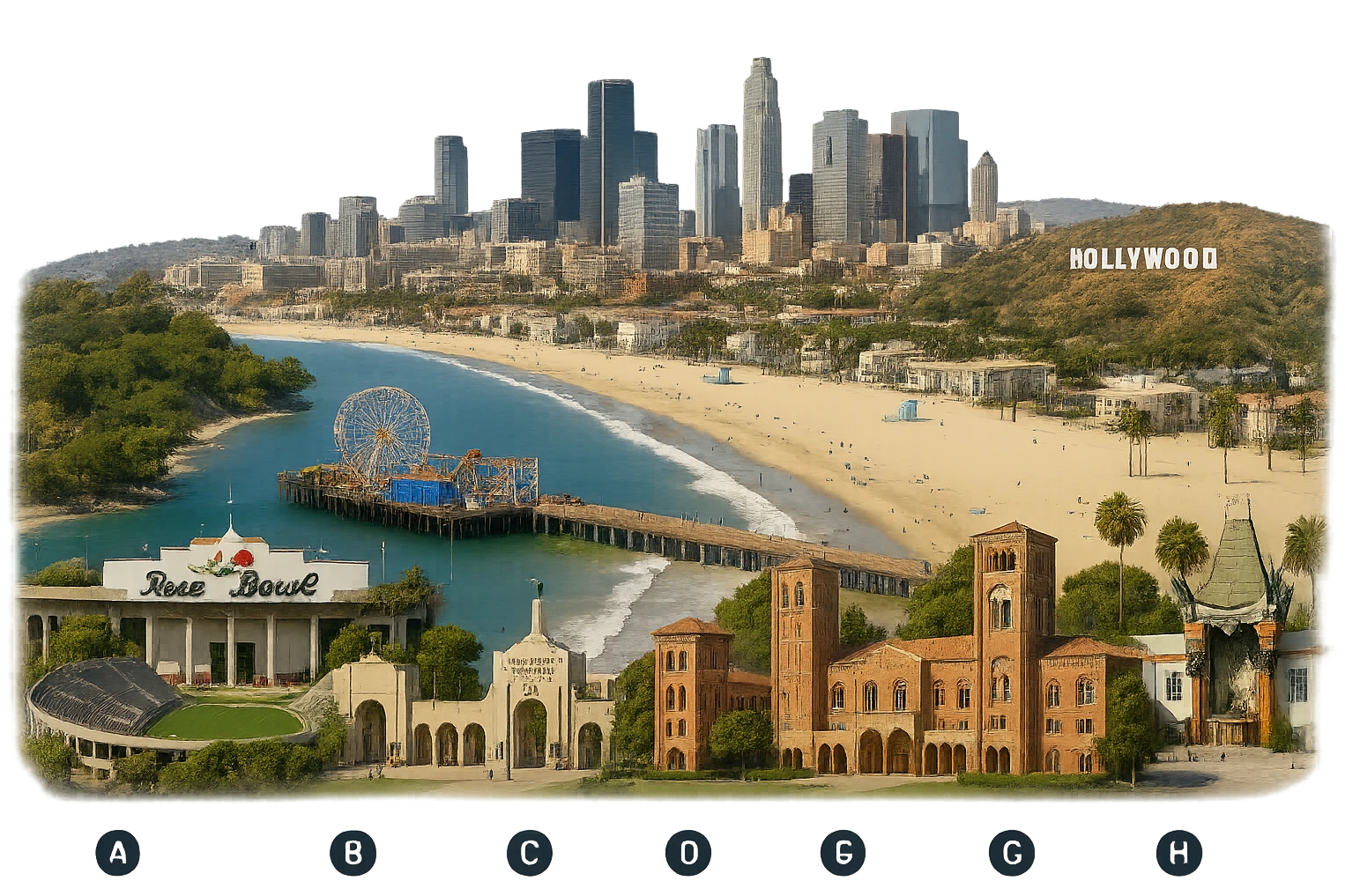 Create a photorealistic emoji of Los Angeles featuring the inland Rose Bowl, Santa Monica Pier and beach at the coast, and more Santa Monica beach scenes. Include other landmarks such as the Coliseum, Royce Hall at UCLA, Bovard at USC, downtown LA skyline, Chinese Theater, and Hollywood Sign in their correct positions away from the beach. The architecture should be highly realistic with accurate colors and bright daytime lighting. The background must be fully transparent with no sky, clouds, city name label, or cartoon/stylized effects. emoji