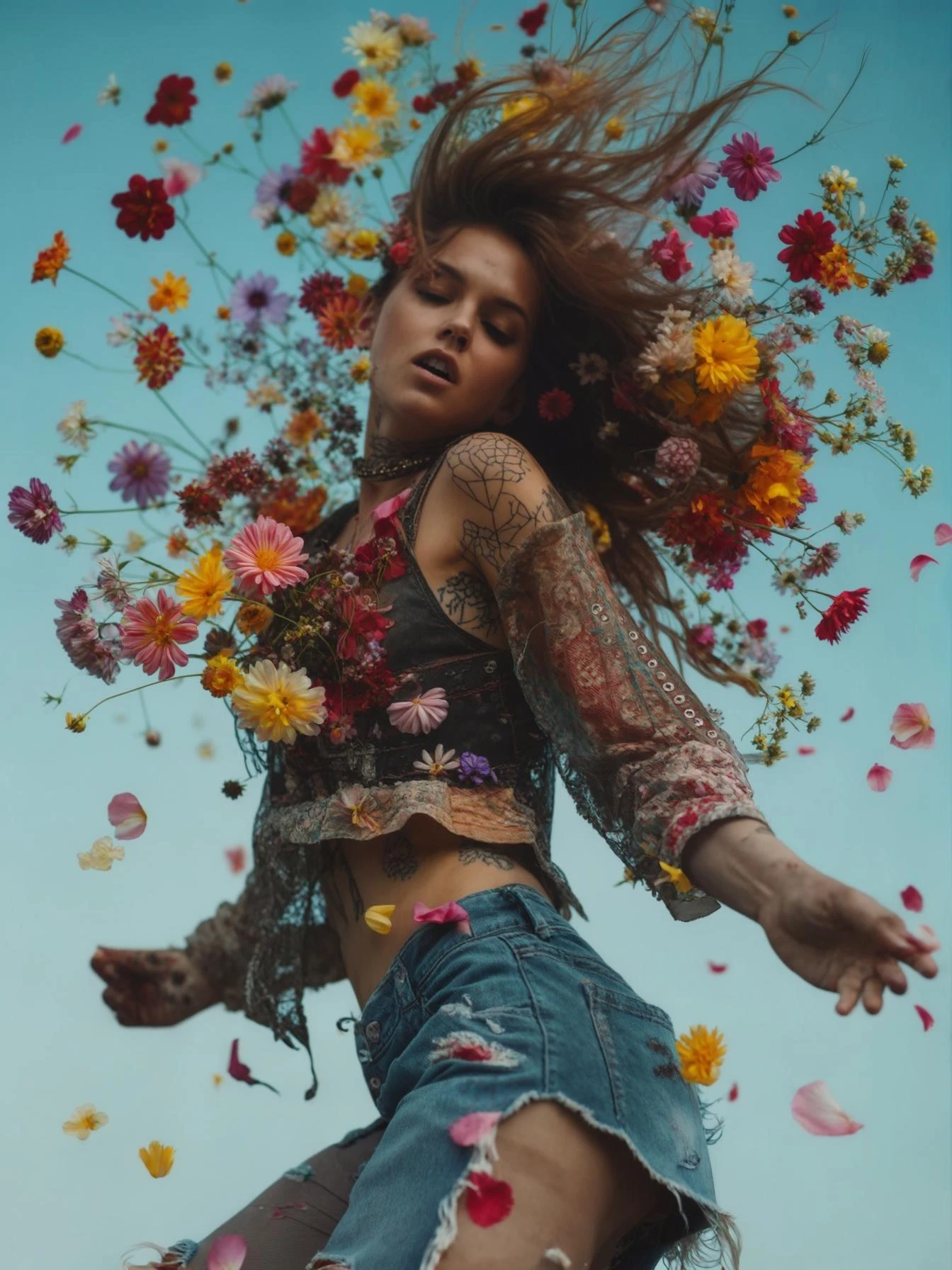 Closeup photo of a woman falling around explosion of a colorfull flowers wearing alternative fashion, blue sky minimalistic background emoji