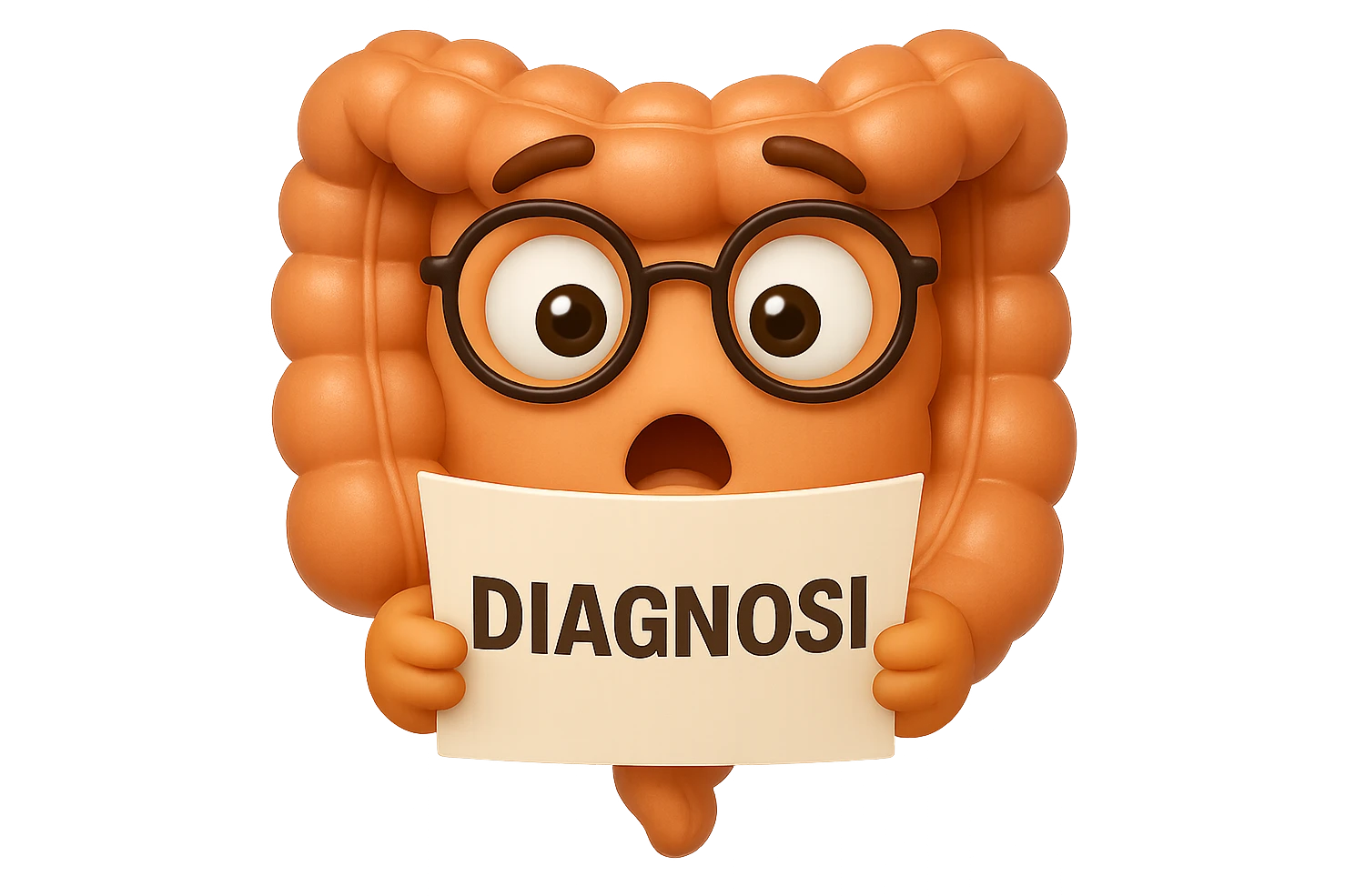 EMOJI STILE IPHONE DI UN INTESTINO CON GLI OCCHIALI CHE LEGGE UN FOGLIO CON LA SCRITTA DIAGNOSI, ESPRESSIONE STUPITA IN VOLTO, IPERREALISTICO 4K emoji
