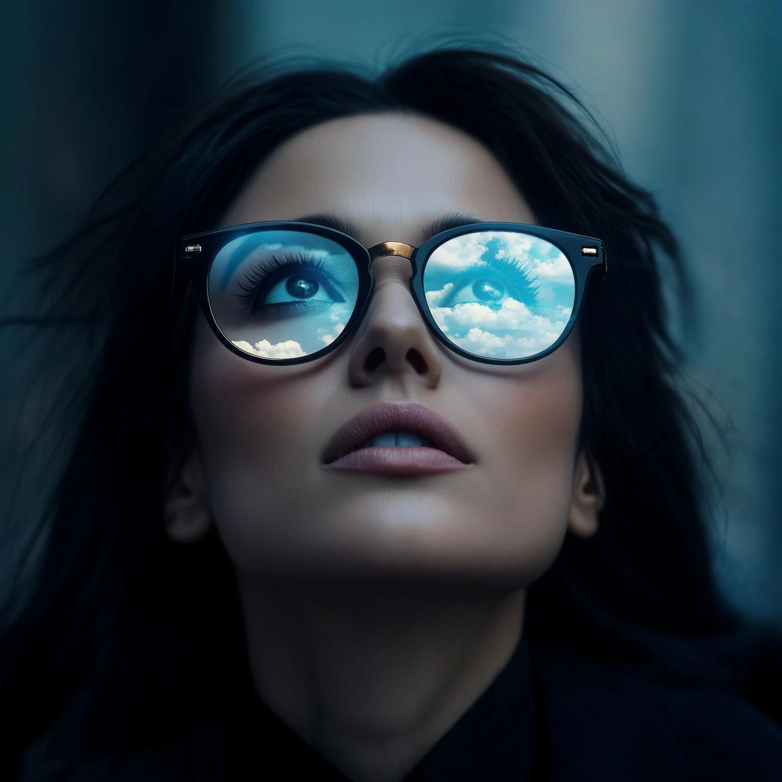 extreme closeup Photo of a beautifull woman with dark hairs and dark uotfit looking up (like villain), orange background, minimalistic, glasses with contrast reflection of blue sky and white clouds  emoji