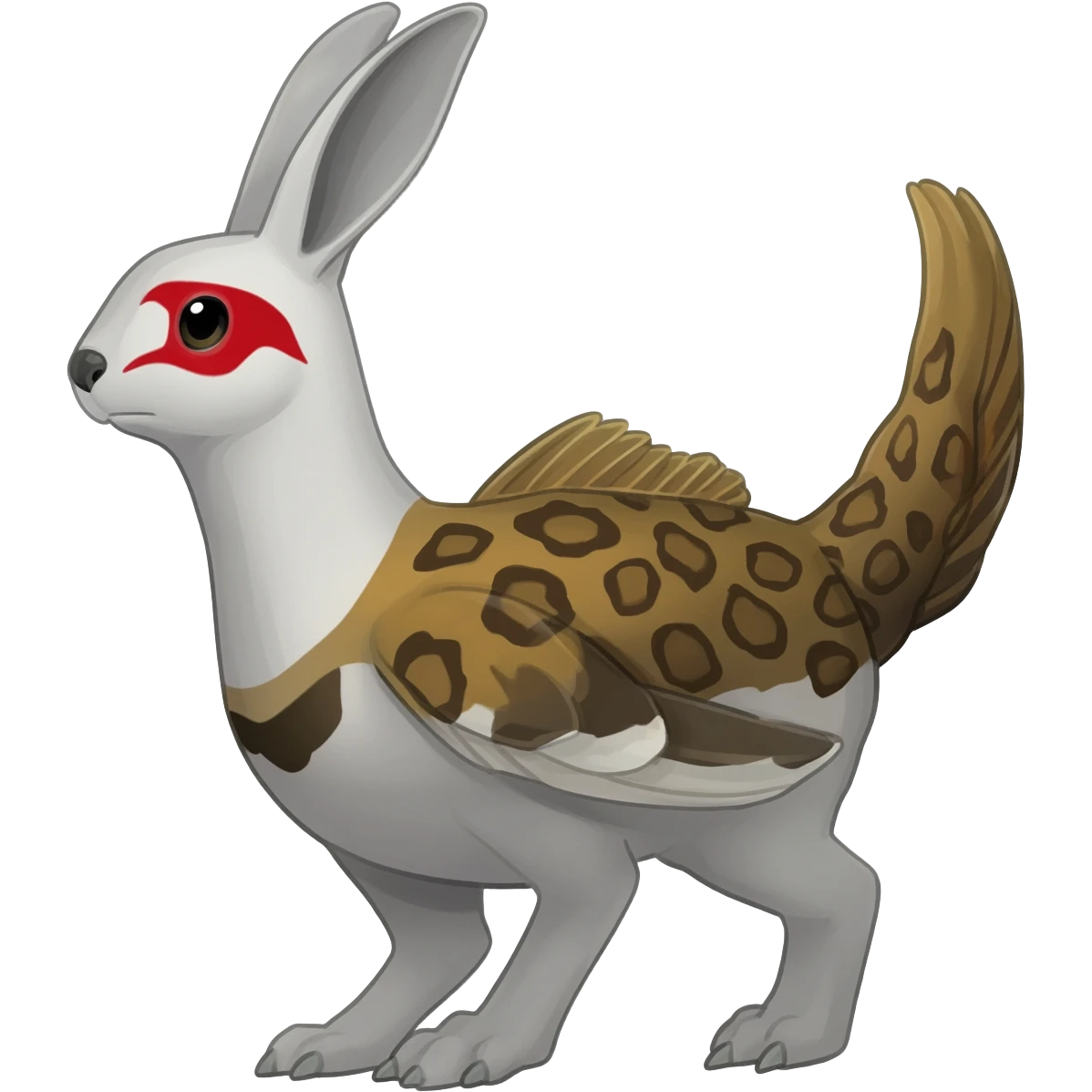 Rock Ptarmigan-Snow-Leopard-Snow-Hare-Koi-Fish-Pokémon-Fakémon-Animal-hybrid, full body, with red marking over eye emoji