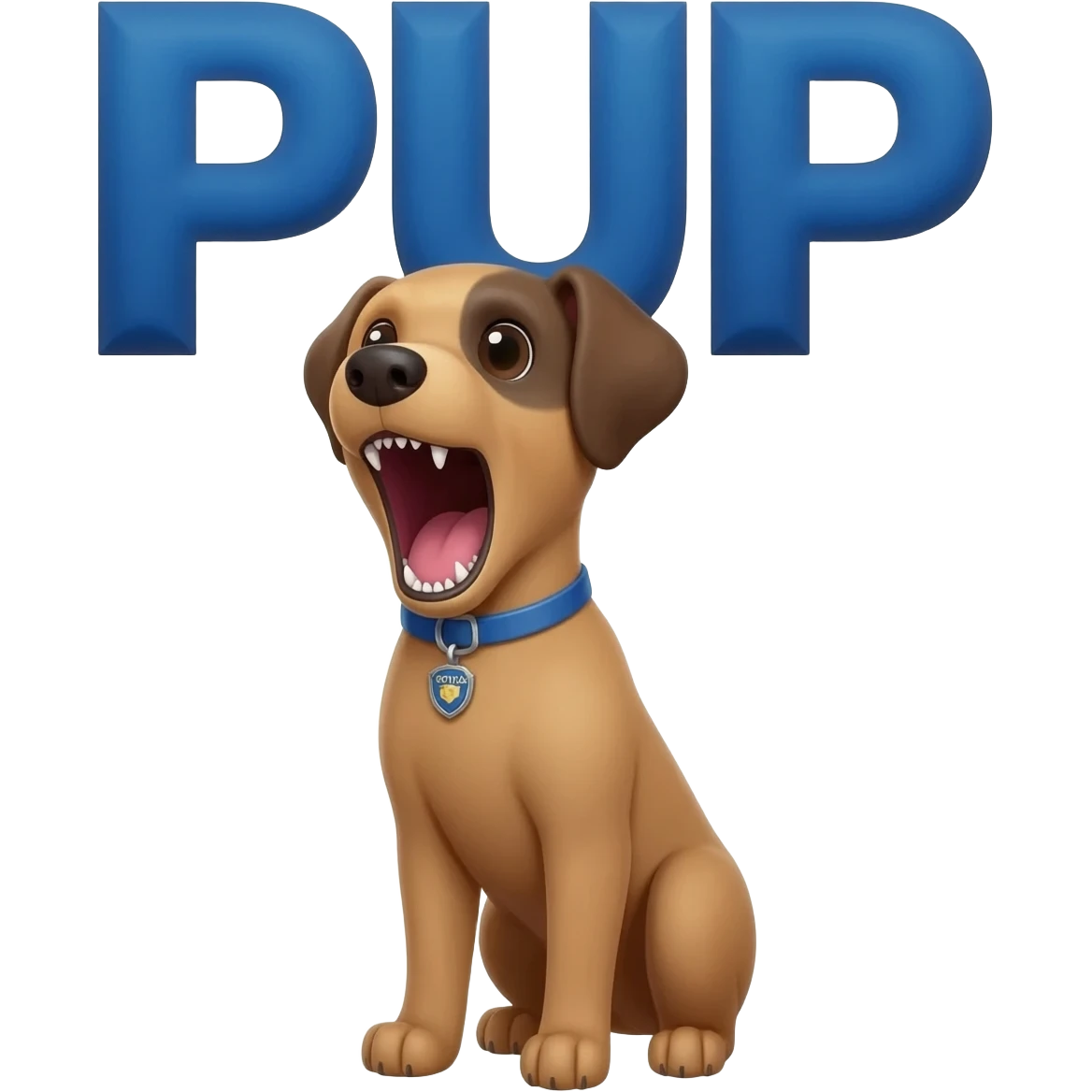 Small dangerous police puppy which is screaming the word "PUP" in big size emoji