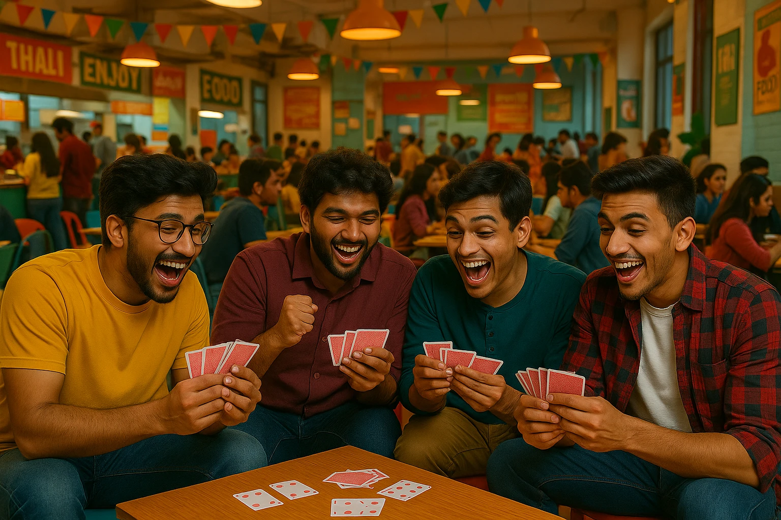 Add a lively Indian college canteen background while keeping the four boys playing tash as the main focus of the image. emoji