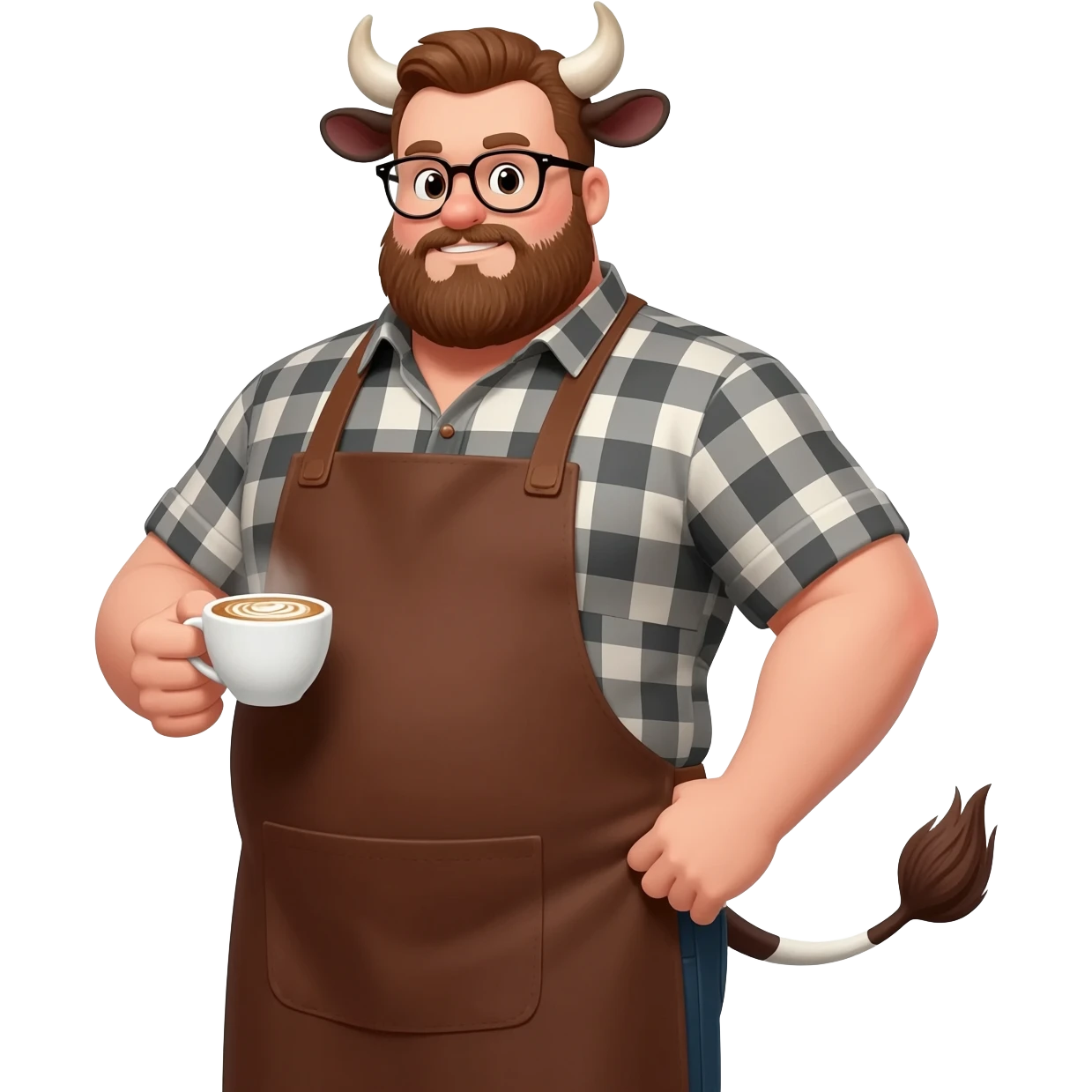 big buff man in a checkered shirt with beard in glasses with extra large fat tits with cow ears and cow tail dressed like barista in brown apron with latte in his hand emoji