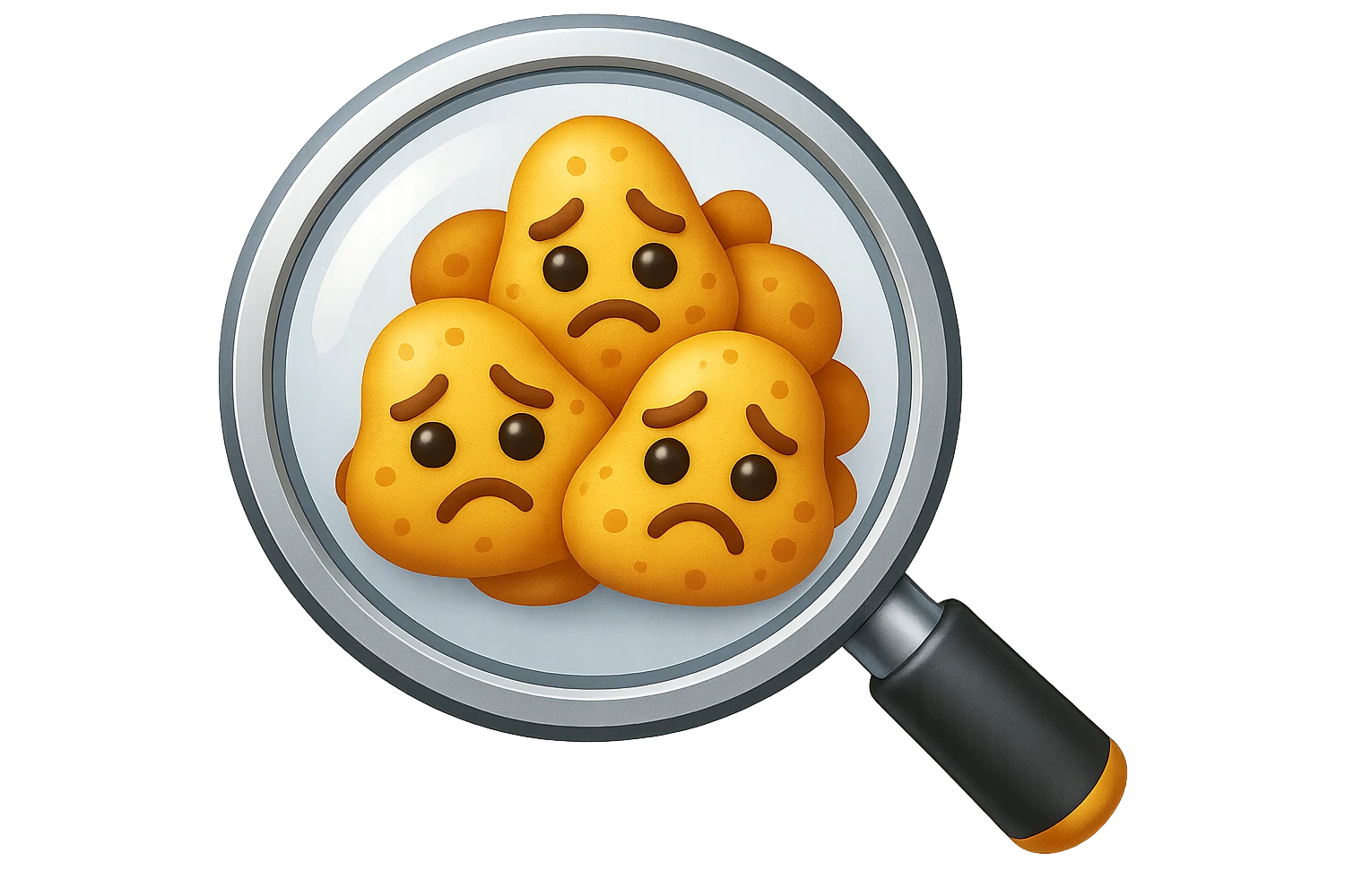 EMOJI STILE IPHONE DI una lente di ingrandimento che inquadra un cumulo di batteri intestinali tristi, IPERREALISTICO 4K emoji