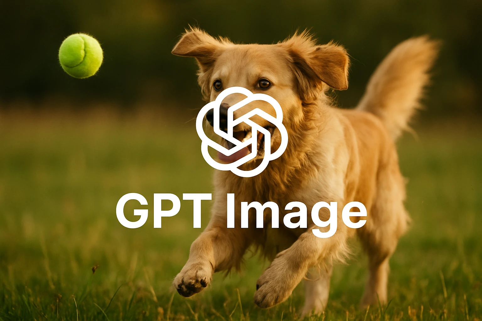 logo of chat gpt with text "GPT Image" on the background of a dog chasing ball, realistic image emoji