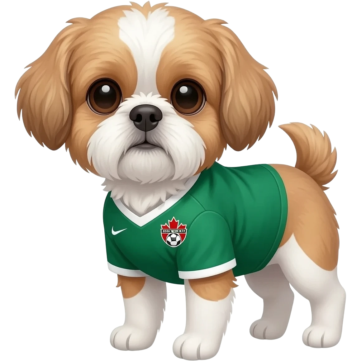 white and light brown shih zhu wearing a Canada  green soccer jersey v neck 2026 work cup emoji