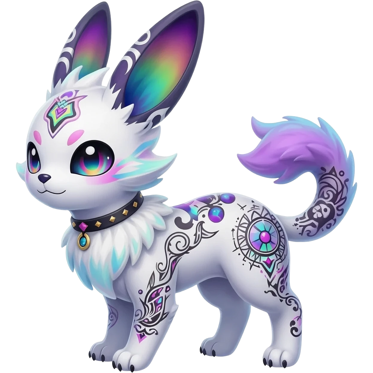 Rare neon iridescent white exotic cute epic aesthetic gothic colorful Salandit-Eevee-Civet-species-Fakemon-hybrid-creature, with intricate tattoo markings, full body emoji