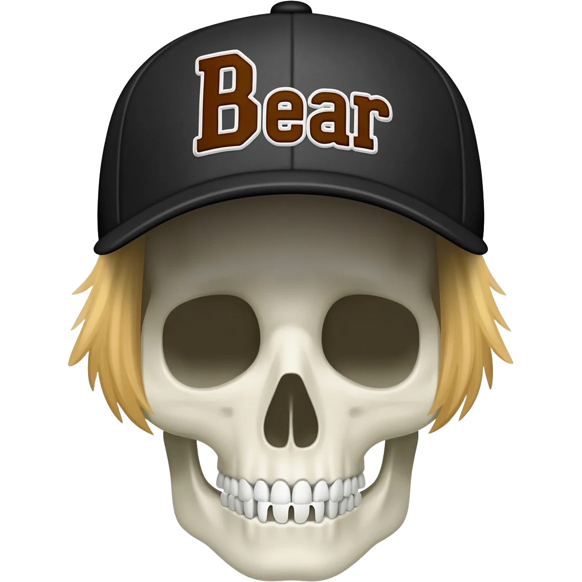 Create a skeleton head wearing a black baseball cap that says "Bear" in brown, and white lettering, with short blonde hair emoji