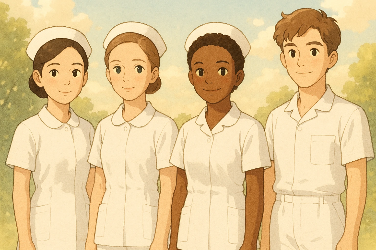 Four nursing students inspired by the faces of four photos, wearing complete white short-sleeve uniforms (visible arms), no stethoscope, standing side by side without touching, warm atmosphere, Ghibli style, soft and bright background. emoji