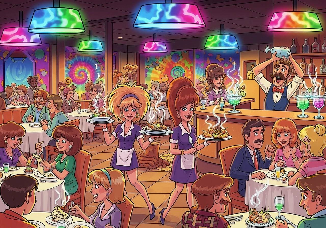 Illustration d'un restaurant avec des clients à table, des serveuses qui prennent les commandes et qui amènent les plats. Un barman sert des cocktails. Ambiance chaleureuse, clients ravis. Cartoon années 80, couleurs et effets psychédéliques. emoji