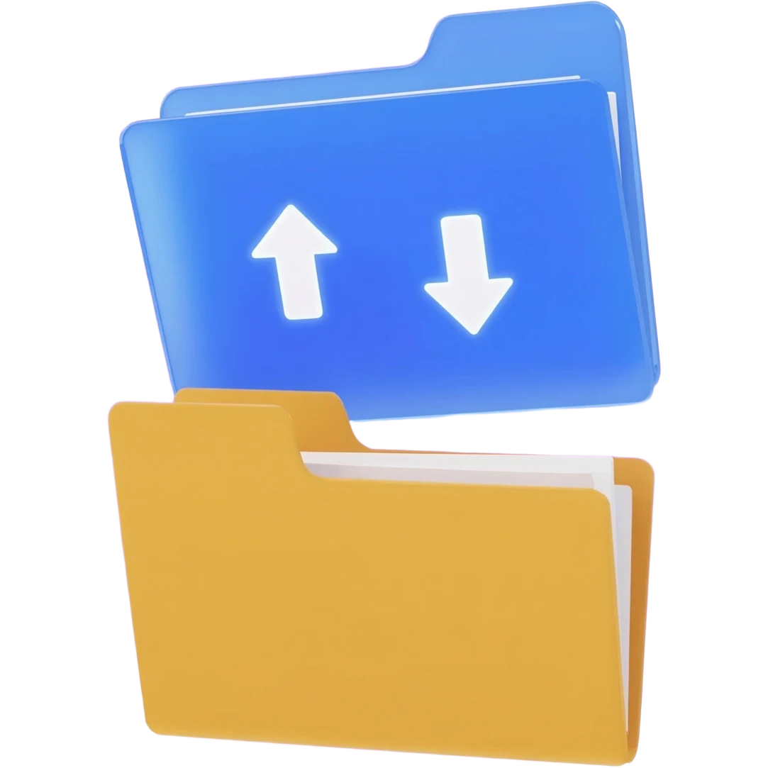 "A blue digital folder placed over a regular file folder, with a soft purple glow effect and an arrow indicating file upload and download with japan word." emoji