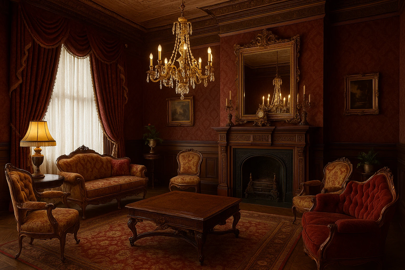 classic Victorian interior with ornate furniture, rich colors, elegant decor emoji
