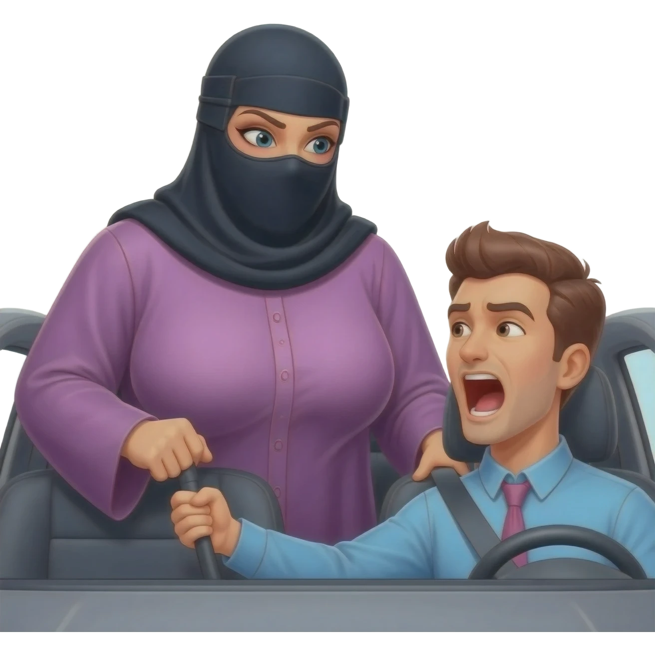 grosse dominatrice avec burca qui baise, hurle et insulte son soumi homme conducteur dans sa voiture emoji
