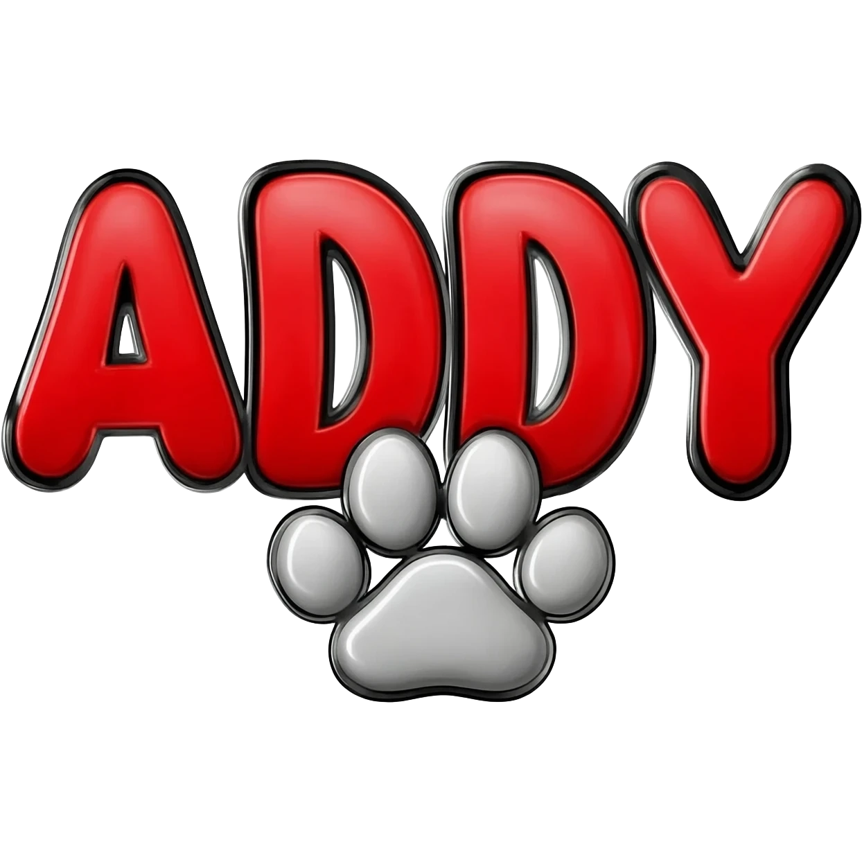 Bold bubble letters in Red color and outlined in black, Words ADDY and a paw print below emoji