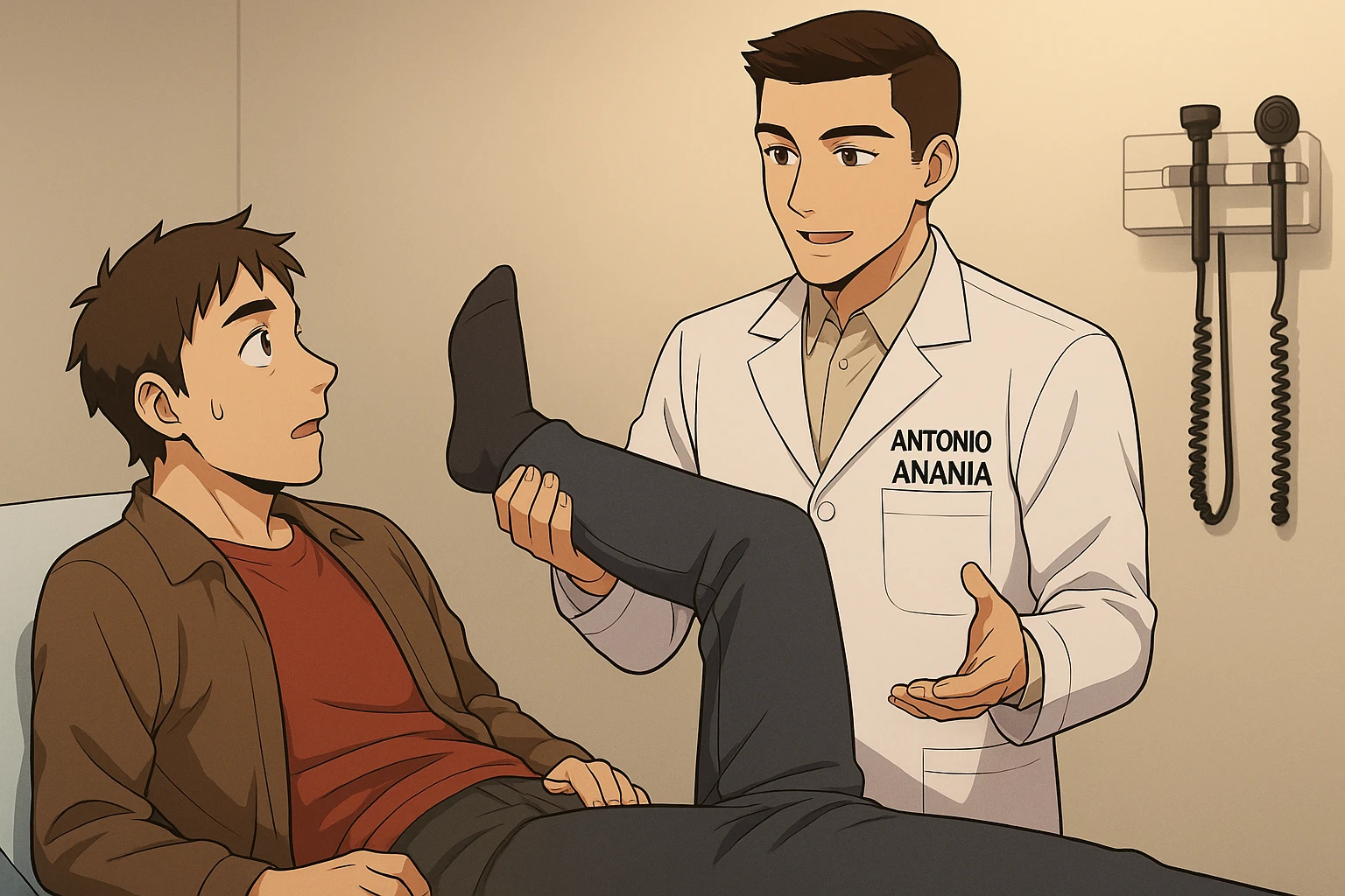 fai un webtoon manga a colori con questo stile, in cui un uomo è steso sul lettino medico e il kinesiologo con il camice bianco (fagli anche la scritta "ANTONIO ANANIA" SUL CAMICE, gli solleva una gamba per fargli il test neuromuscolare, IL KINESIOLOGO SPIEGA ALL'UOMO UNA cosa mentre gli alza la gamba. non fare i fumetti però, fai solo in modo che sembri stiano parlando emoji